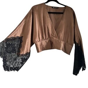 Chic Brown Top and Midi Skirt SET (2 pieces) with Lace Trim